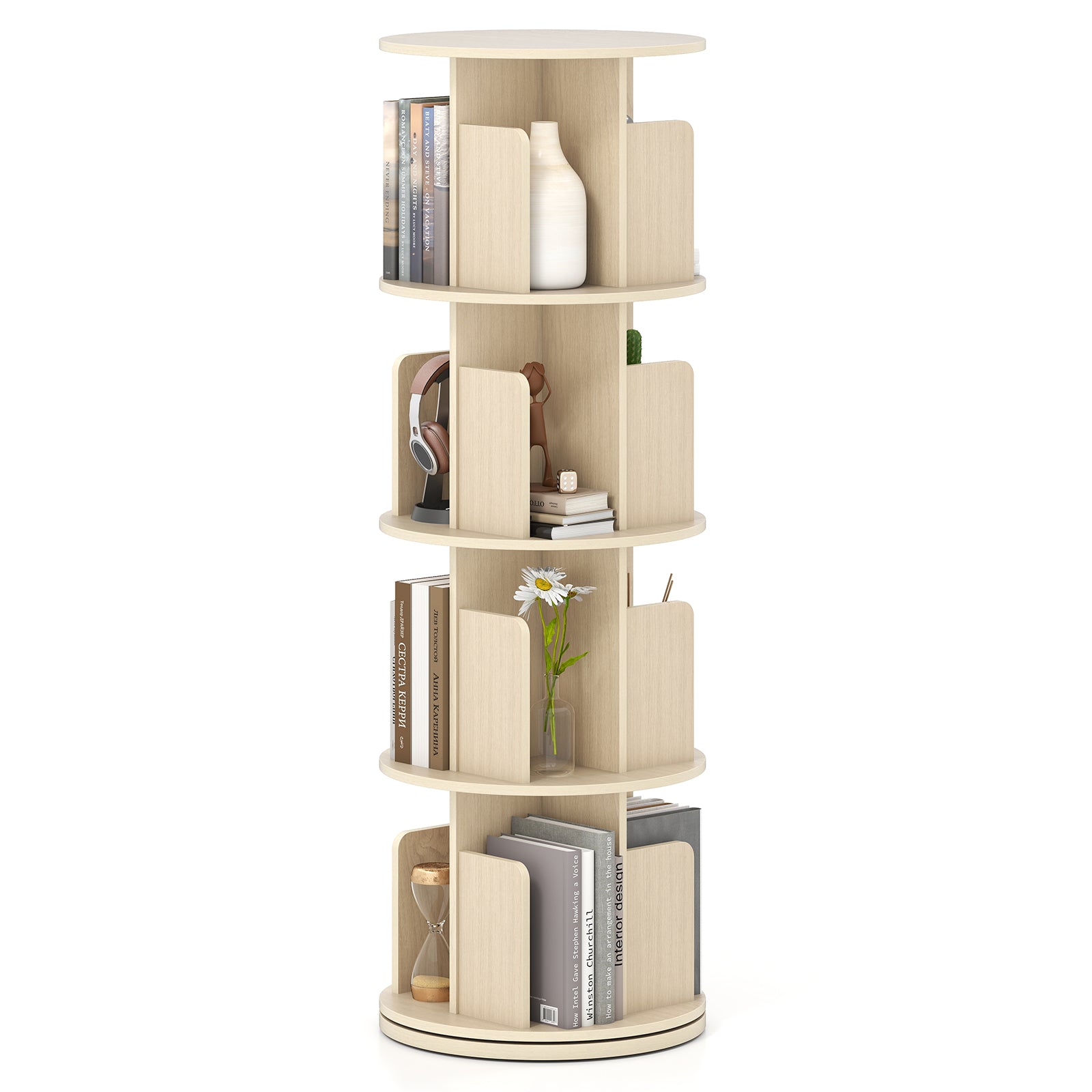 4-Tier Rotating Bookshelf 360° Display Rack with Dividers and Anti-falling Baffles, Natural Bookcases at Gallery Canada