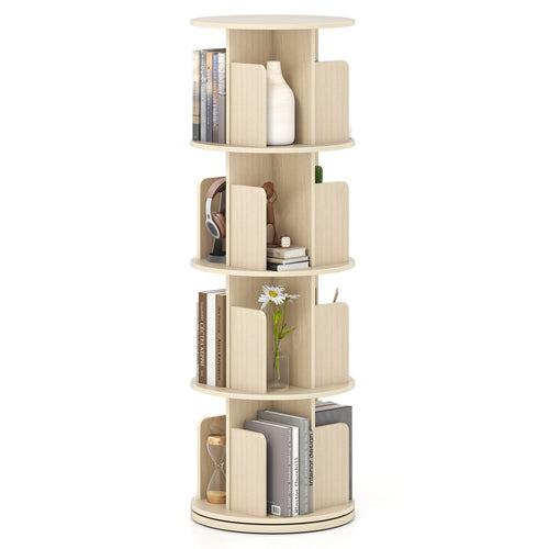 4-Tier Rotating Bookshelf 360° Display Rack with Dividers and Anti-falling Baffles, Natural
