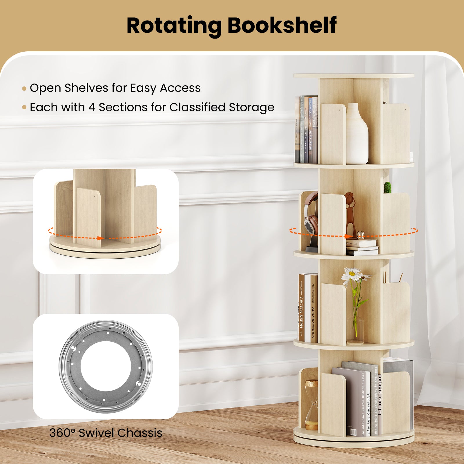 4-Tier Rotating Bookshelf 360° Display Rack with Dividers and Anti-falling Baffles, Natural Bookcases at Gallery Canada