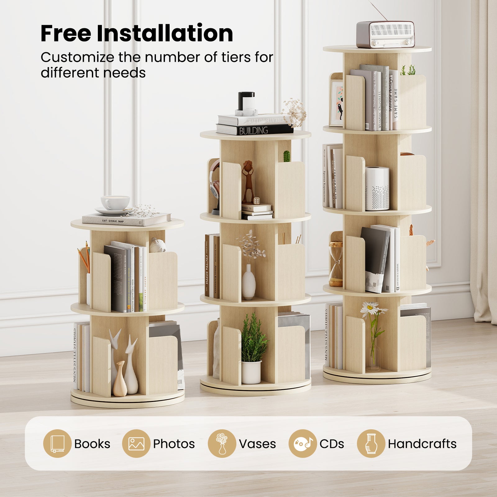 4-Tier Rotating Bookshelf 360° Display Rack with Dividers and Anti-falling Baffles, Natural Bookcases at Gallery Canada