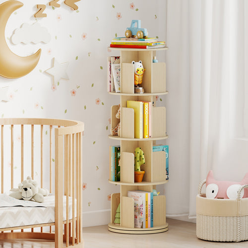 4-Tier Rotating Bookshelf 360° Display Rack with Dividers and Anti-falling Baffles, Natural