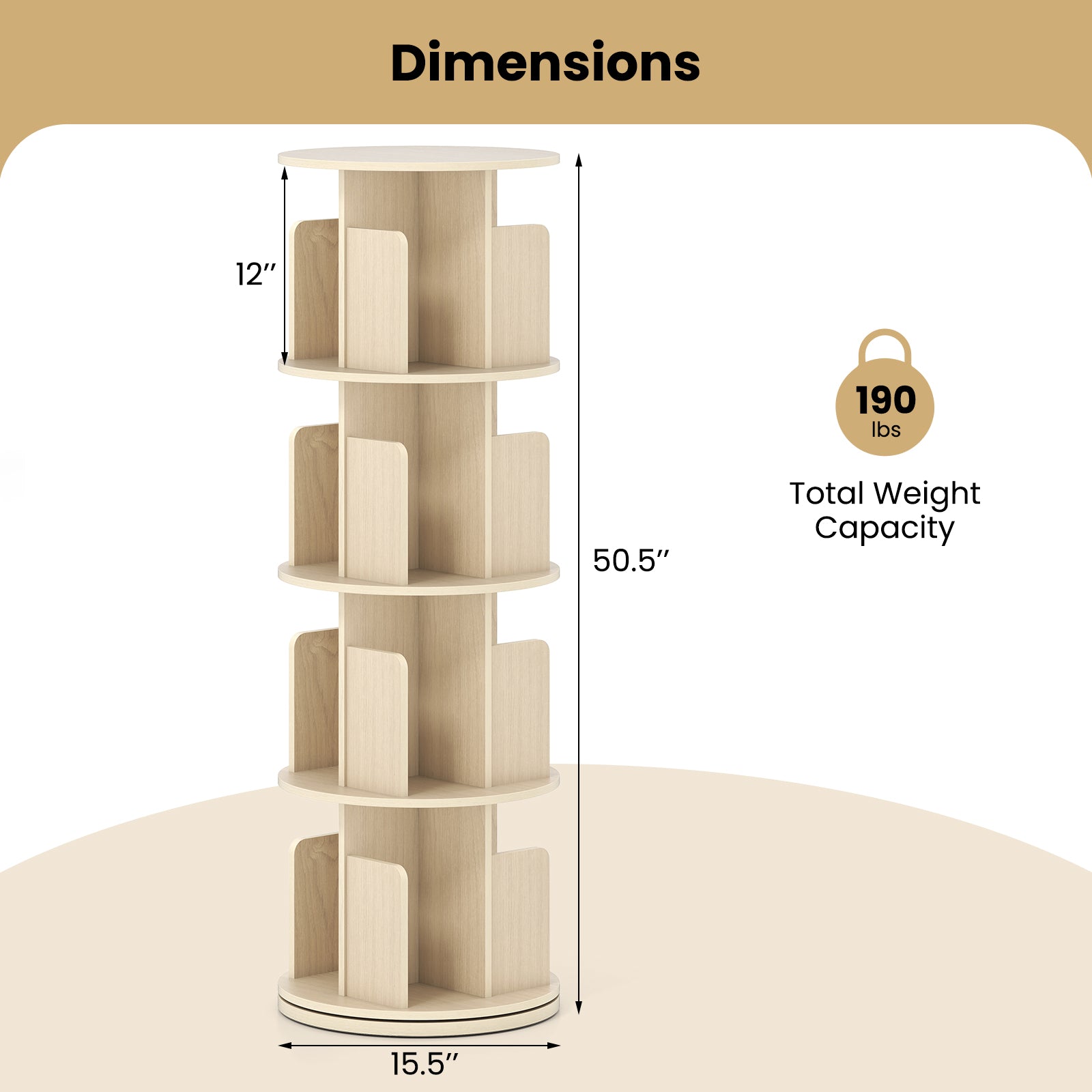 4-Tier Rotating Bookshelf 360° Display Rack with Dividers and Anti-falling Baffles, Natural Bookcases at Gallery Canada