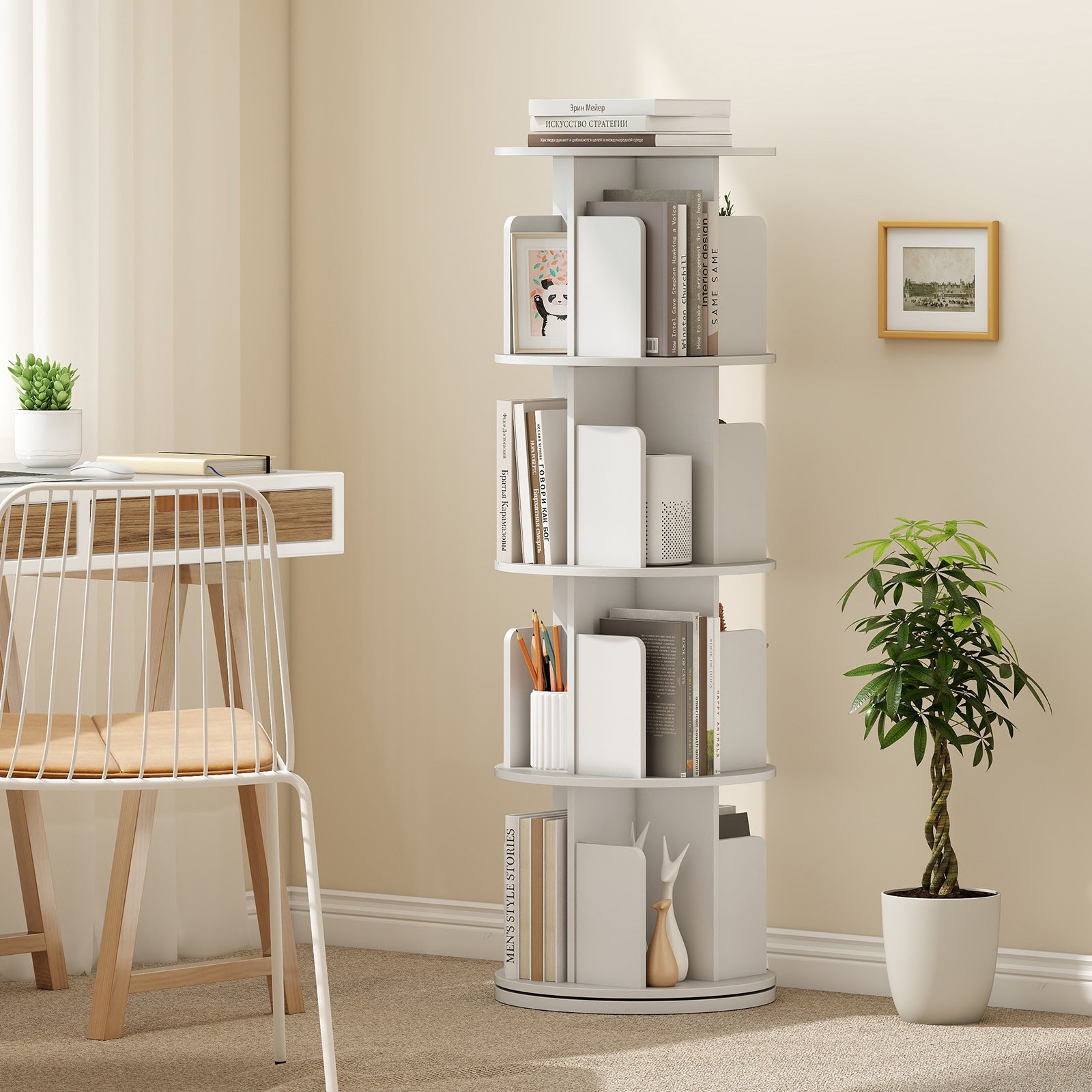 4-Tier Rotating Bookshelf 360° Display Rack with Dividers and Anti-falling Baffles, White Bookcases at Gallery Canada