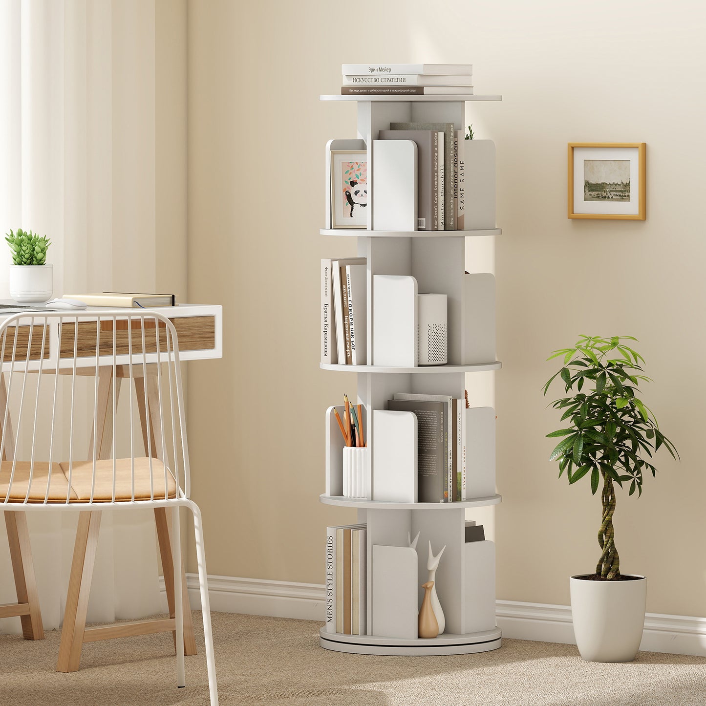 4-Tier Rotating Bookshelf 360° Display Rack with Dividers and Anti-falling Baffles, White Bookcases at Gallery Canada