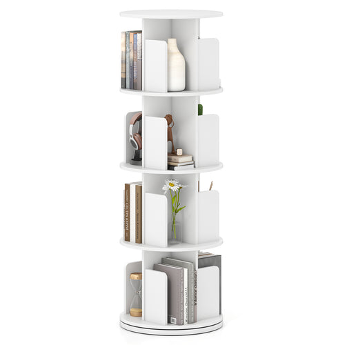 4-Tier Rotating Bookshelf 360° Display Rack with Dividers and Anti-falling Baffles, White