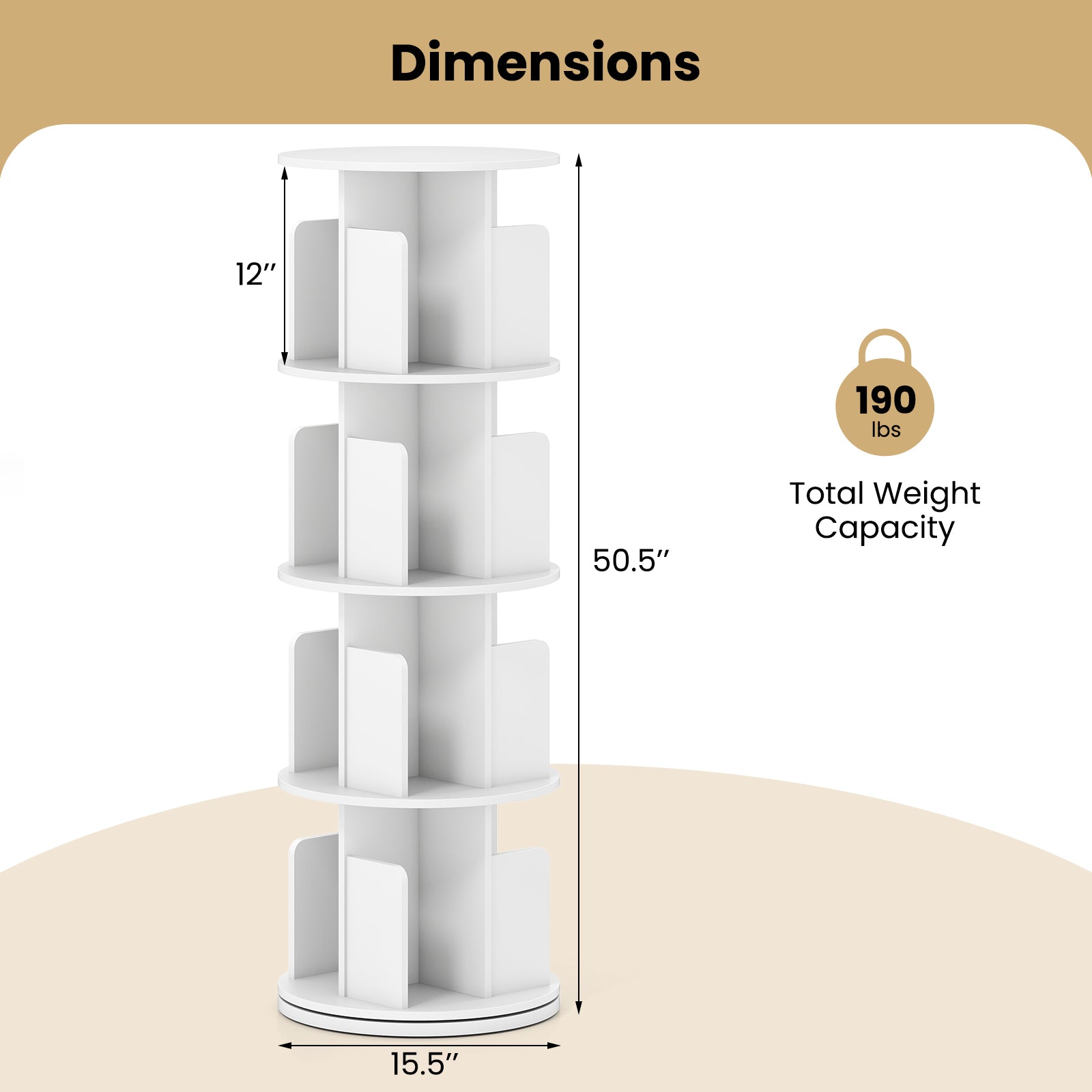4-Tier Rotating Bookshelf 360° Display Rack with Dividers and Anti-falling Baffles, White Bookcases at Gallery Canada