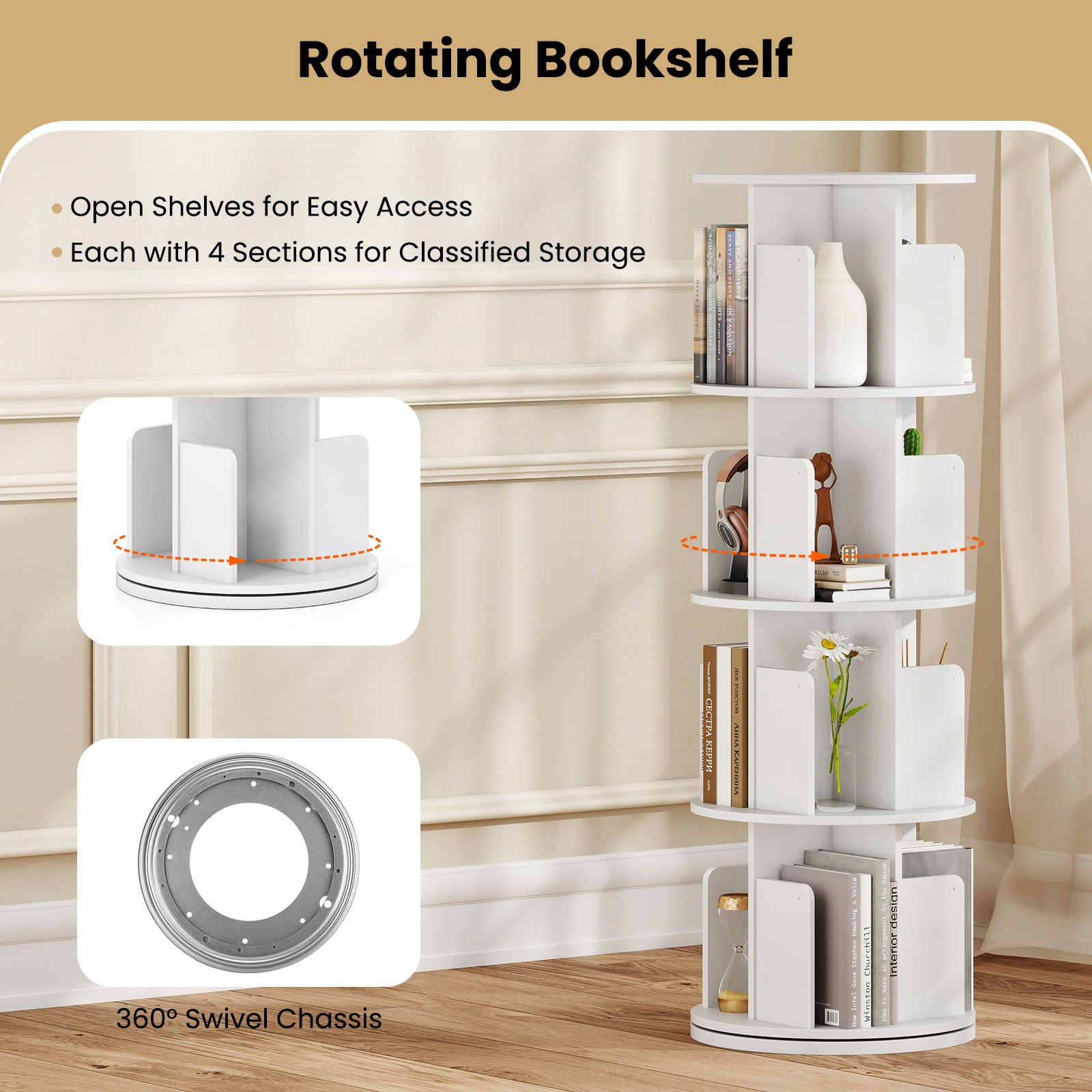 4-Tier Rotating Bookshelf 360° Display Rack with Dividers and Anti-falling Baffles, White Bookcases at Gallery Canada
