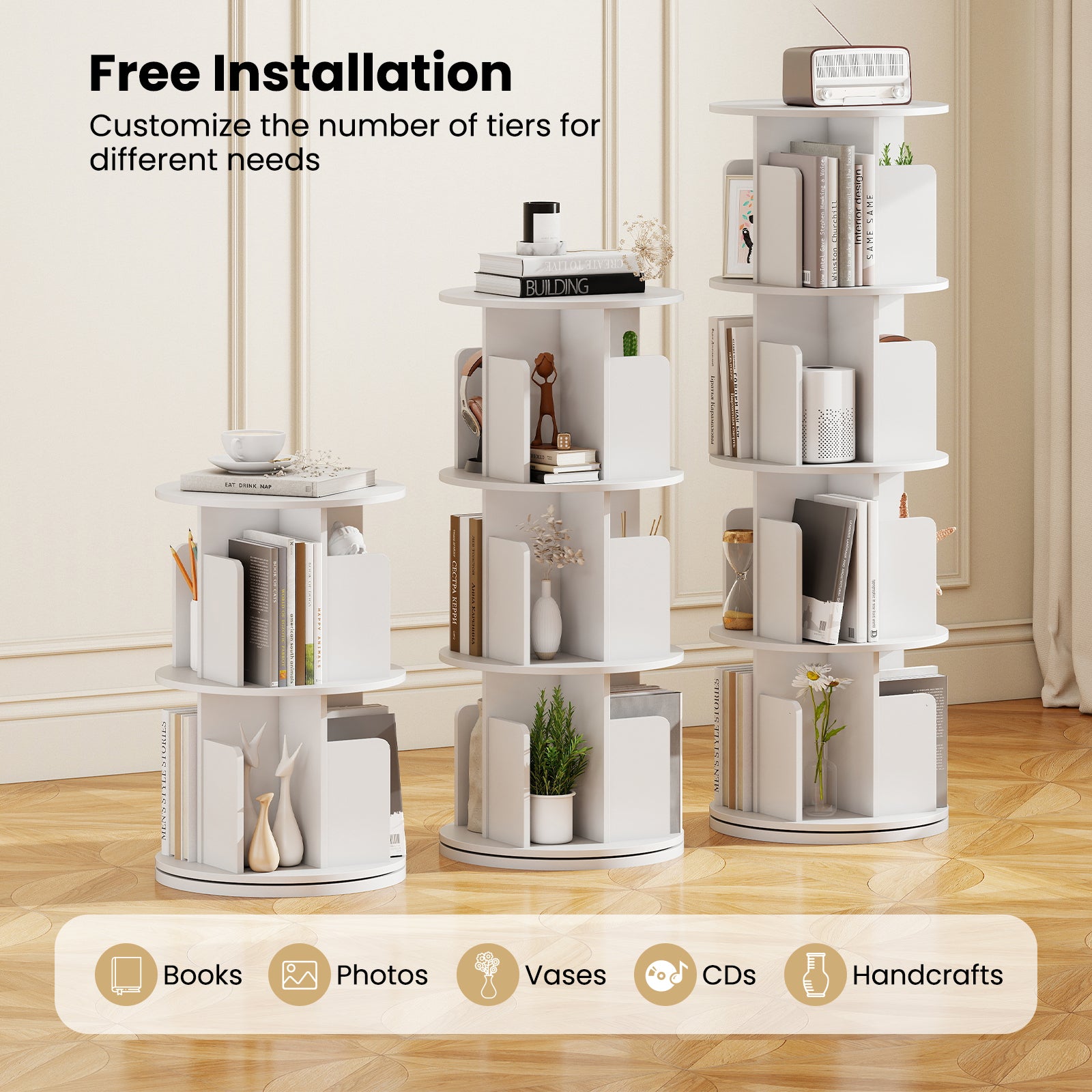 4-Tier Rotating Bookshelf 360° Display Rack with Dividers and Anti-falling Baffles, White Bookcases at Gallery Canada
