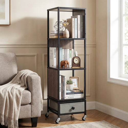4-Tier Rotating Bookshelf On Wheels, With Drawer, Gray