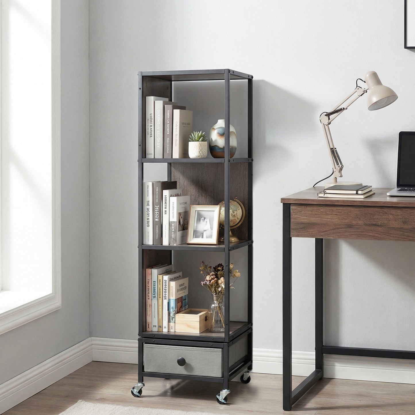 4-Tier Rotating Bookshelf On Wheels, With Drawer, Gray