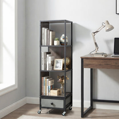 4-Tier Rotating Bookshelf On Wheels, With Drawer, Gray