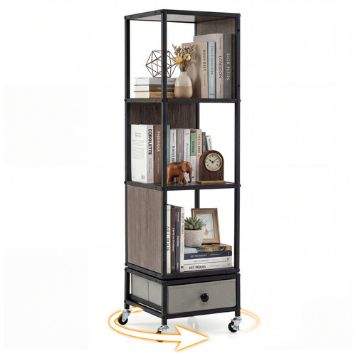 4-Tier Rotating Bookshelf On Wheels, With Drawer, Gray