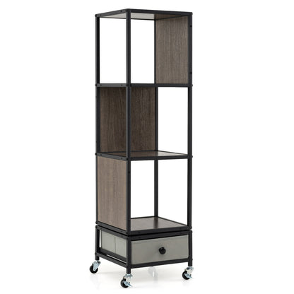 4-Tier Rotating Bookshelf On Wheels, With Drawer, Gray