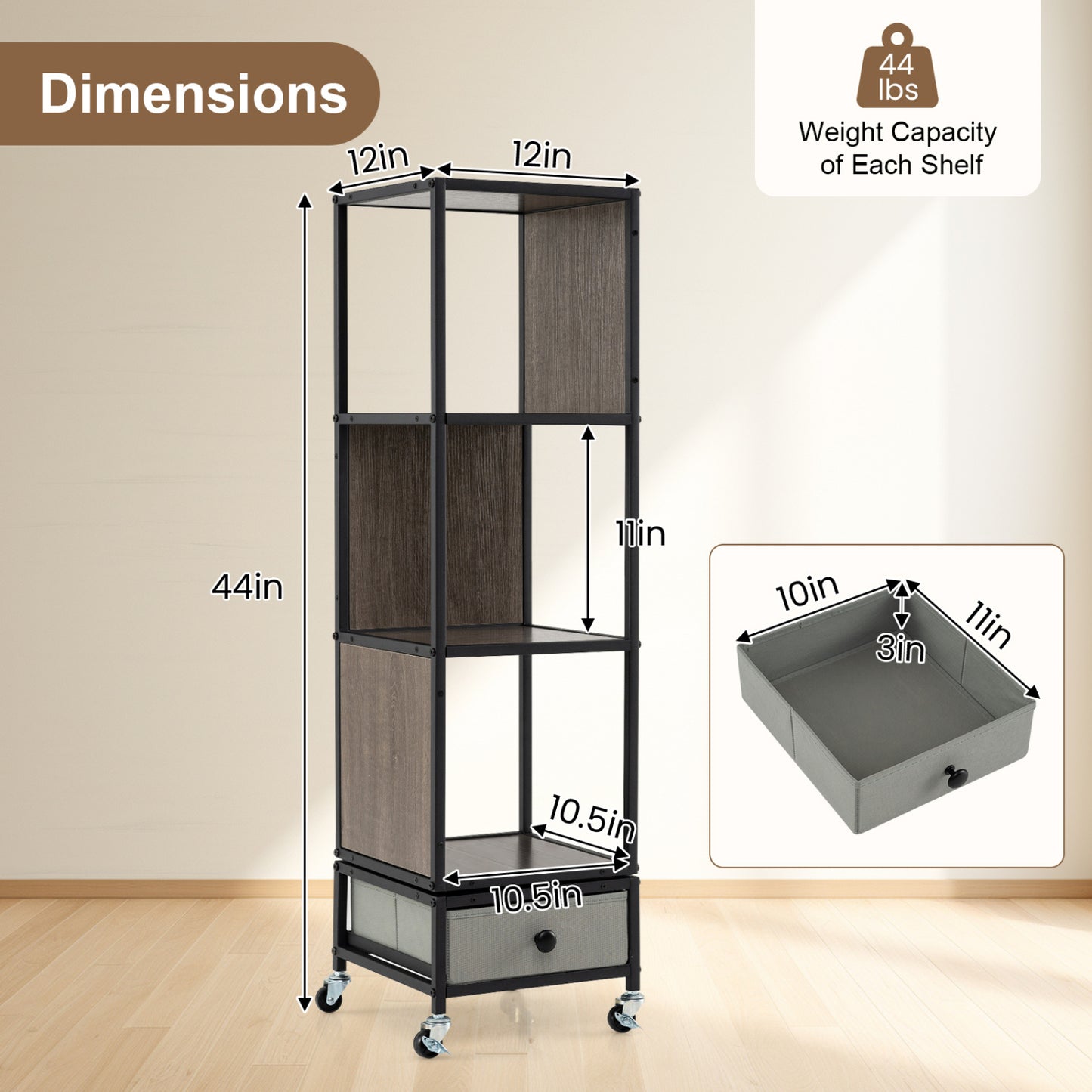 4-Tier Rotating Bookshelf On Wheels, With Drawer, Gray