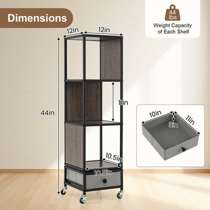 4-Tier Rotating Bookshelf On Wheels, With Drawer, Gray