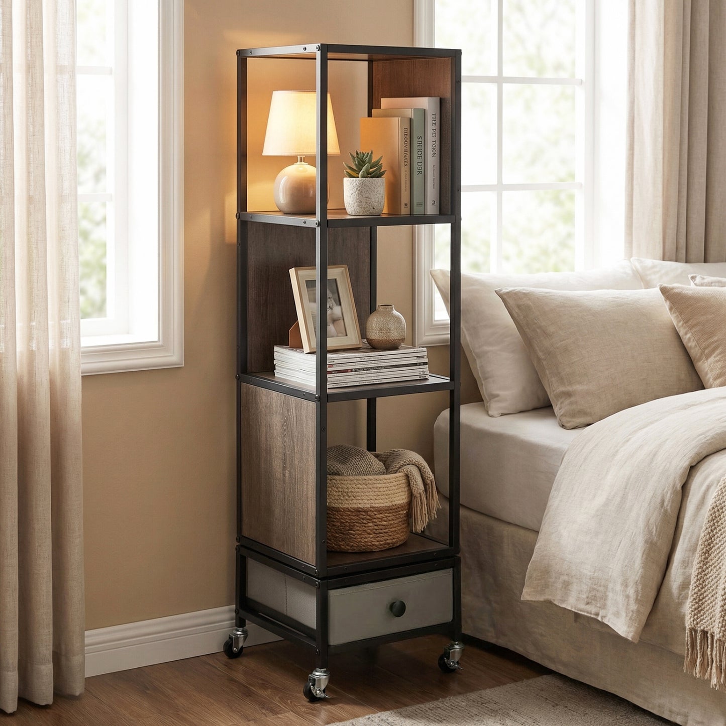 4-Tier Rotating Bookshelf On Wheels, With Drawer, Gray