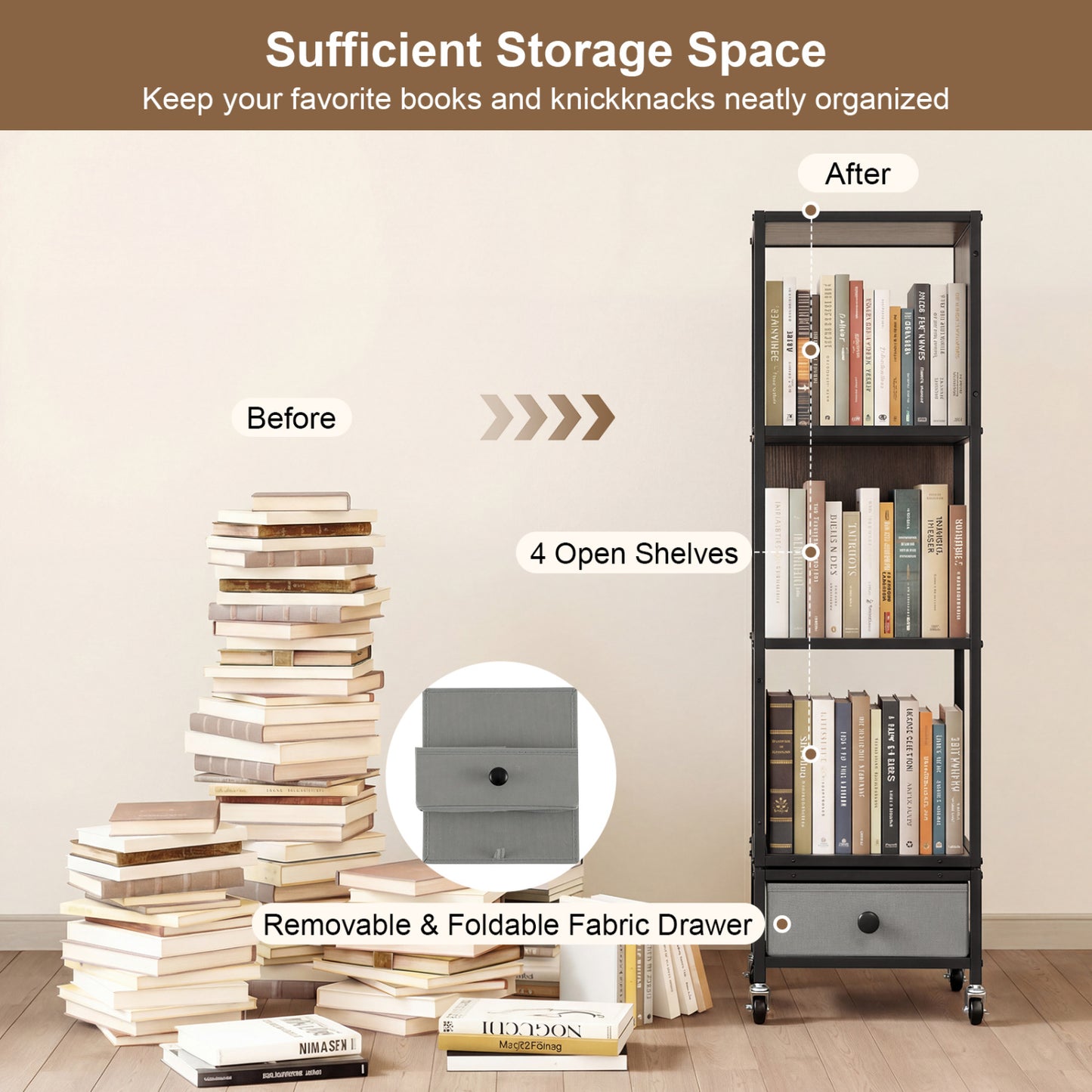 4-Tier Rotating Bookshelf On Wheels, With Drawer, Gray