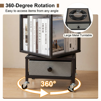 4-Tier Rotating Bookshelf On Wheels, With Drawer, Gray
