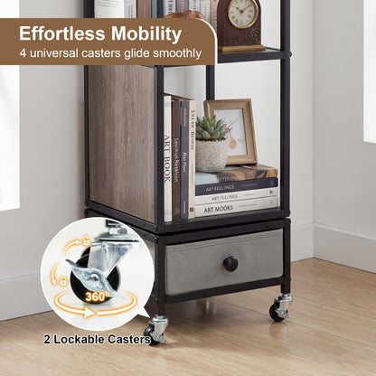 4-Tier Rotating Bookshelf On Wheels, With Drawer, Gray