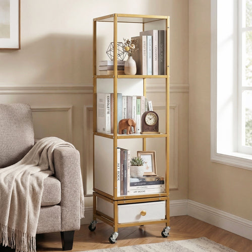 4-Tier Rotating Bookshelf on Wheels, with Drawer, White