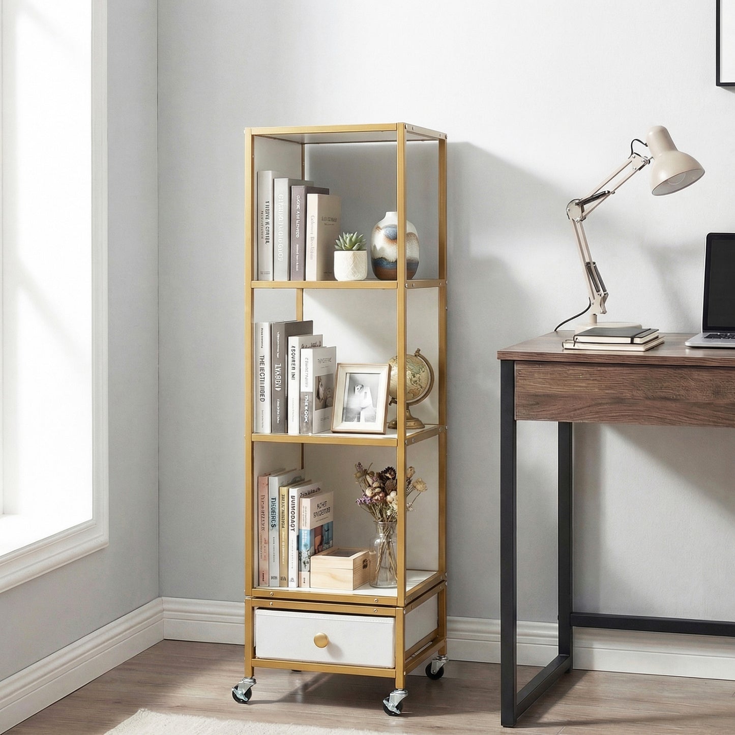 4-Tier Rotating Bookshelf on Wheels, with Drawer, White
