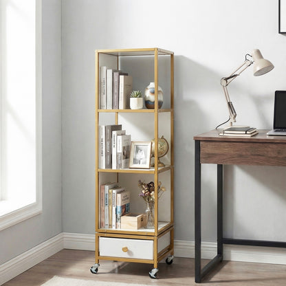 4-Tier Rotating Bookshelf on Wheels, with Drawer, White