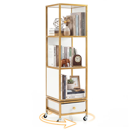 4-Tier Rotating Bookshelf on Wheels, with Drawer, White