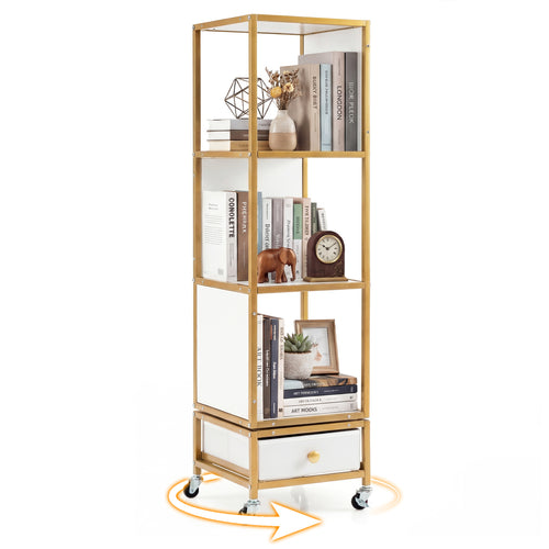 4-Tier Rotating Bookshelf on Wheels, with Drawer, White