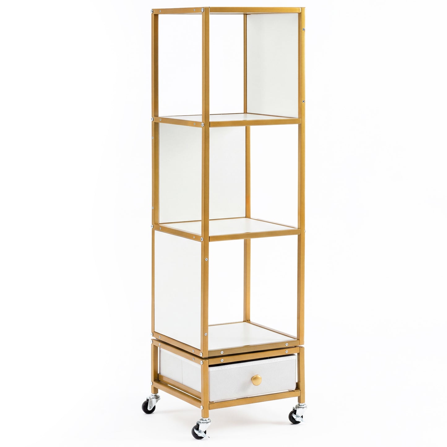 4-Tier Rotating Bookshelf on Wheels, with Drawer, White