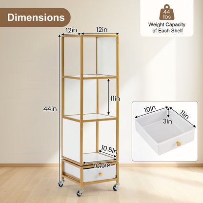 4-Tier Rotating Bookshelf on Wheels, with Drawer, White