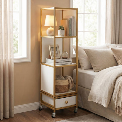 4-Tier Rotating Bookshelf on Wheels, with Drawer, White