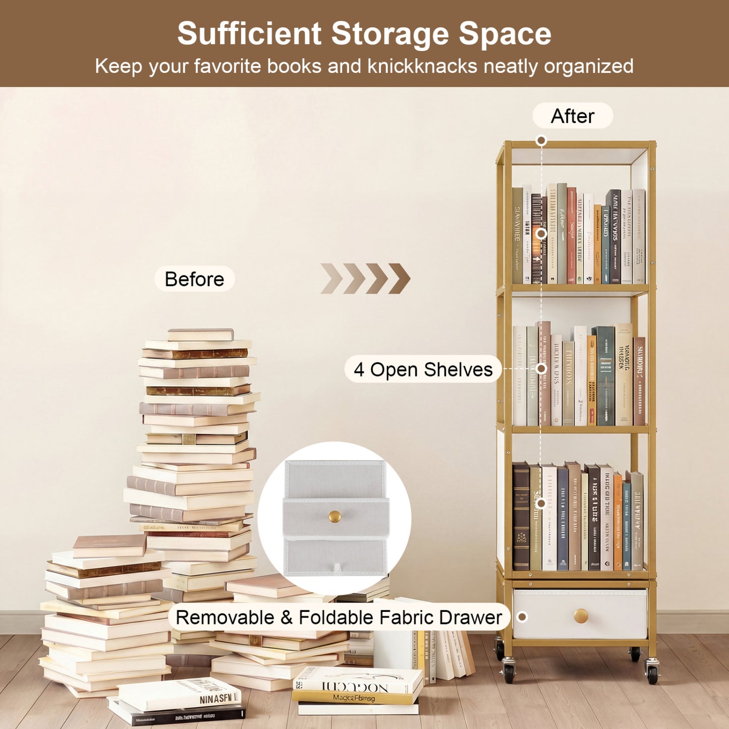 4-Tier Rotating Bookshelf on Wheels, with Drawer, White