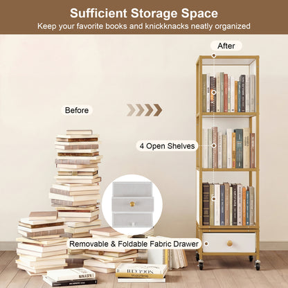 4-Tier Rotating Bookshelf on Wheels, with Drawer, White