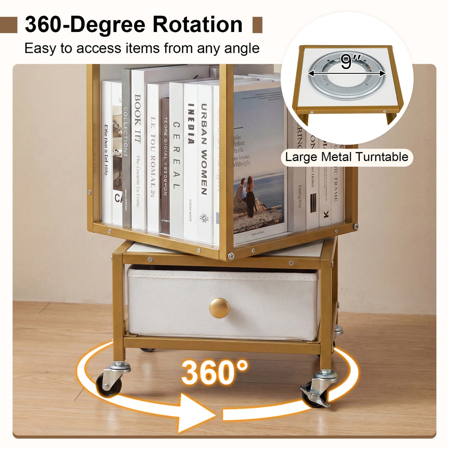 4-Tier Rotating Bookshelf on Wheels, with Drawer, White