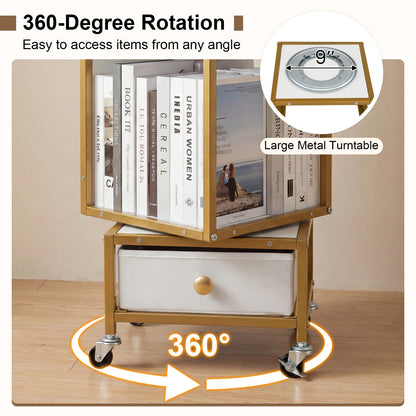 4-Tier Rotating Bookshelf on Wheels, with Drawer, White