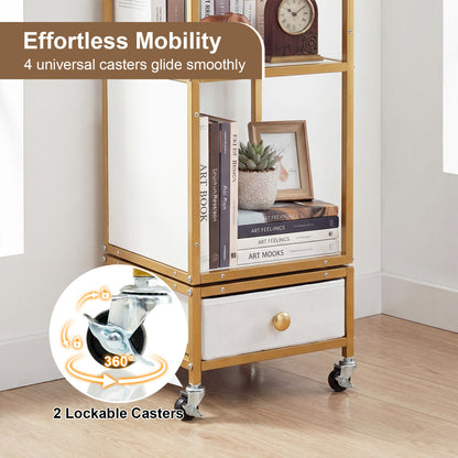 4-Tier Rotating Bookshelf on Wheels, with Drawer, White