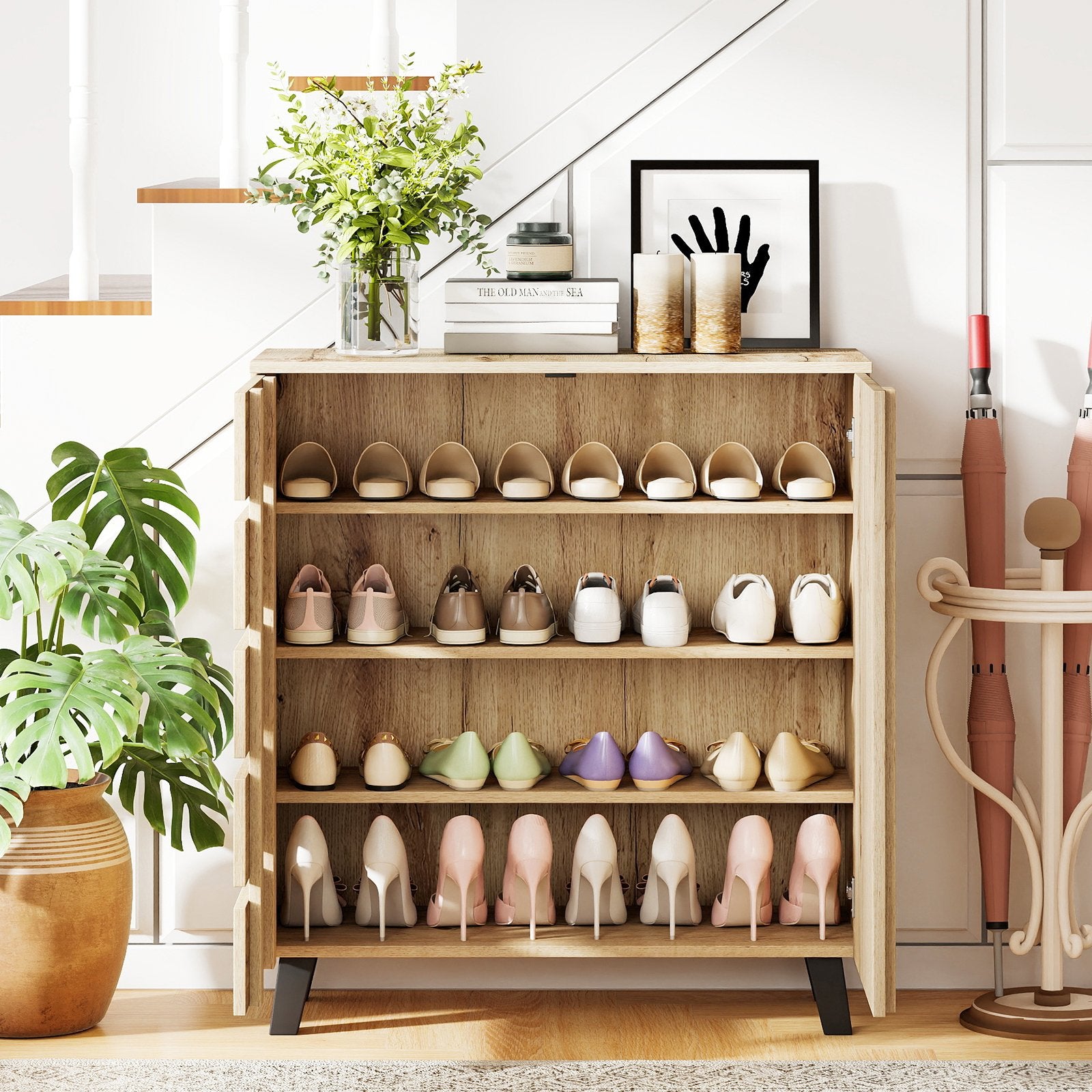 4-Tier Shoe Cabinet 2-Door Storage Organizer with Louvered Door, Natural Shoe Racks & Storage Benches at Gallery Canada