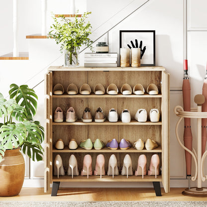 4-Tier Shoe Cabinet 2-Door Storage Organizer with Louvered Door, Natural Shoe Racks & Storage Benches at Gallery Canada