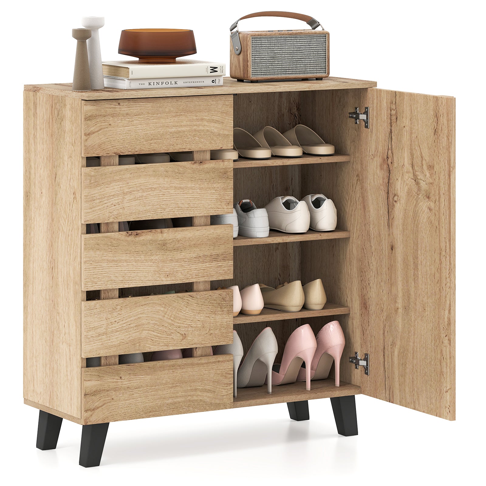 4-Tier Shoe Cabinet 2-Door Storage Organizer with Louvered Door, Natural Shoe Racks & Storage Benches at Gallery Canada