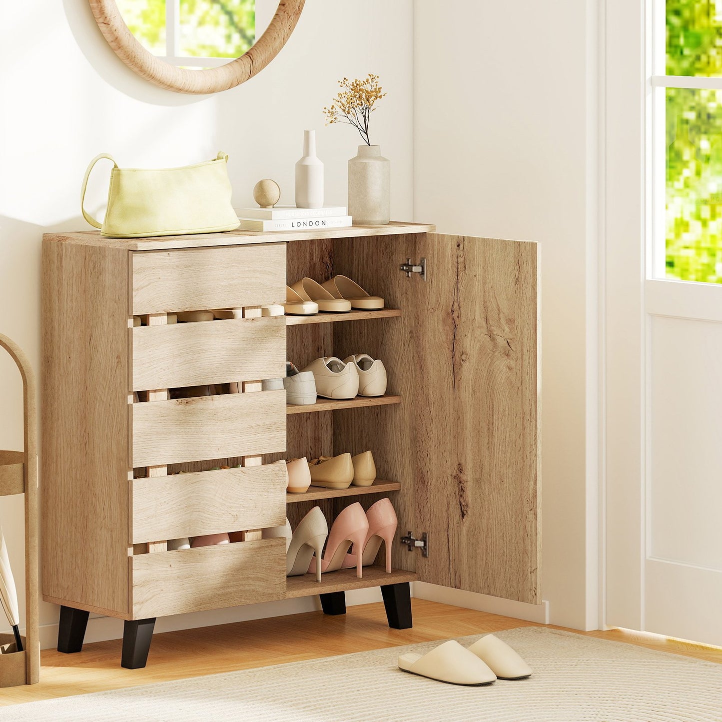 4-Tier Shoe Cabinet 2-Door Storage Organizer with Louvered Door, Natural Shoe Racks & Storage Benches at Gallery Canada