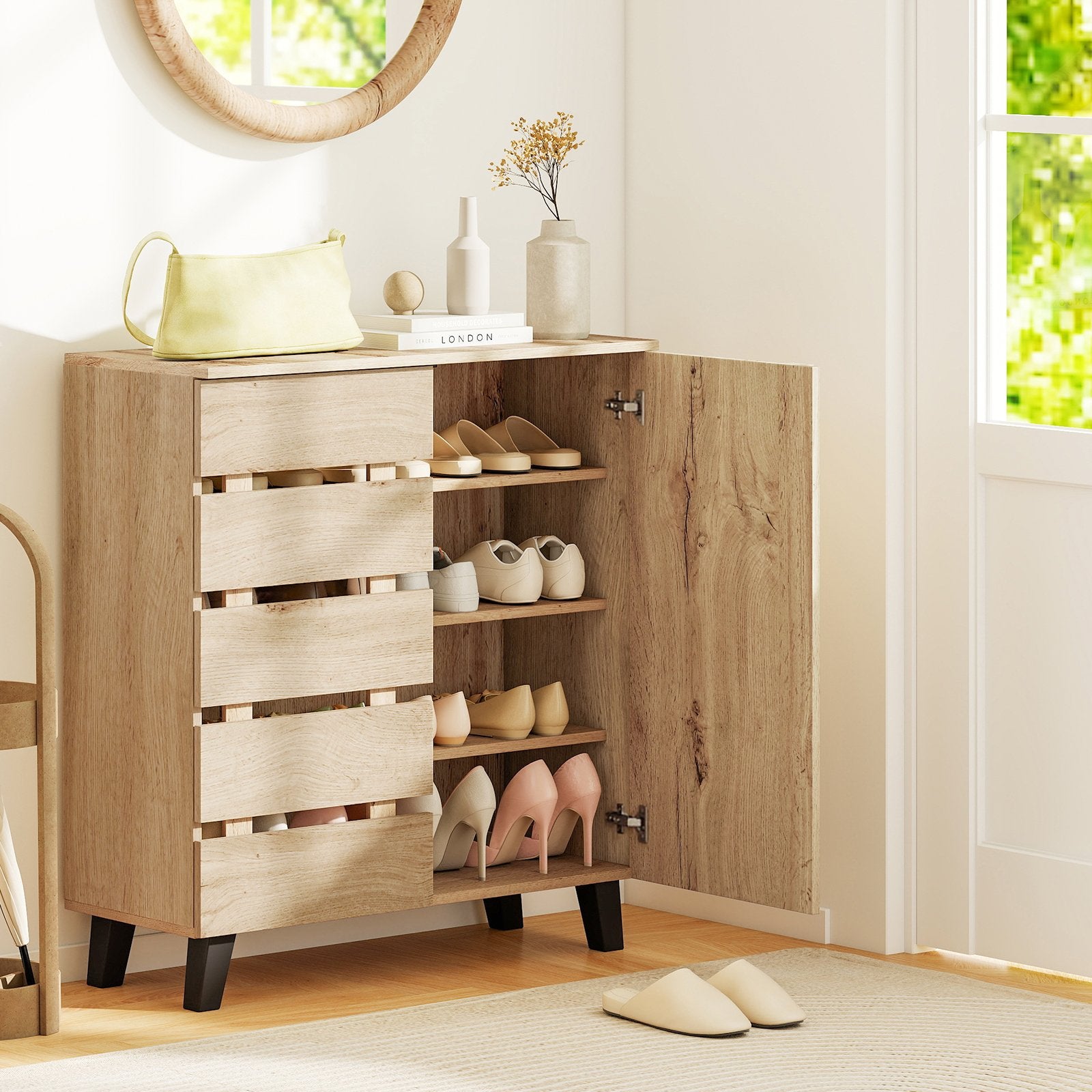 4-Tier Shoe Cabinet 2-Door Storage Organizer with Louvered Door, Natural Shoe Racks & Storage Benches at Gallery Canada