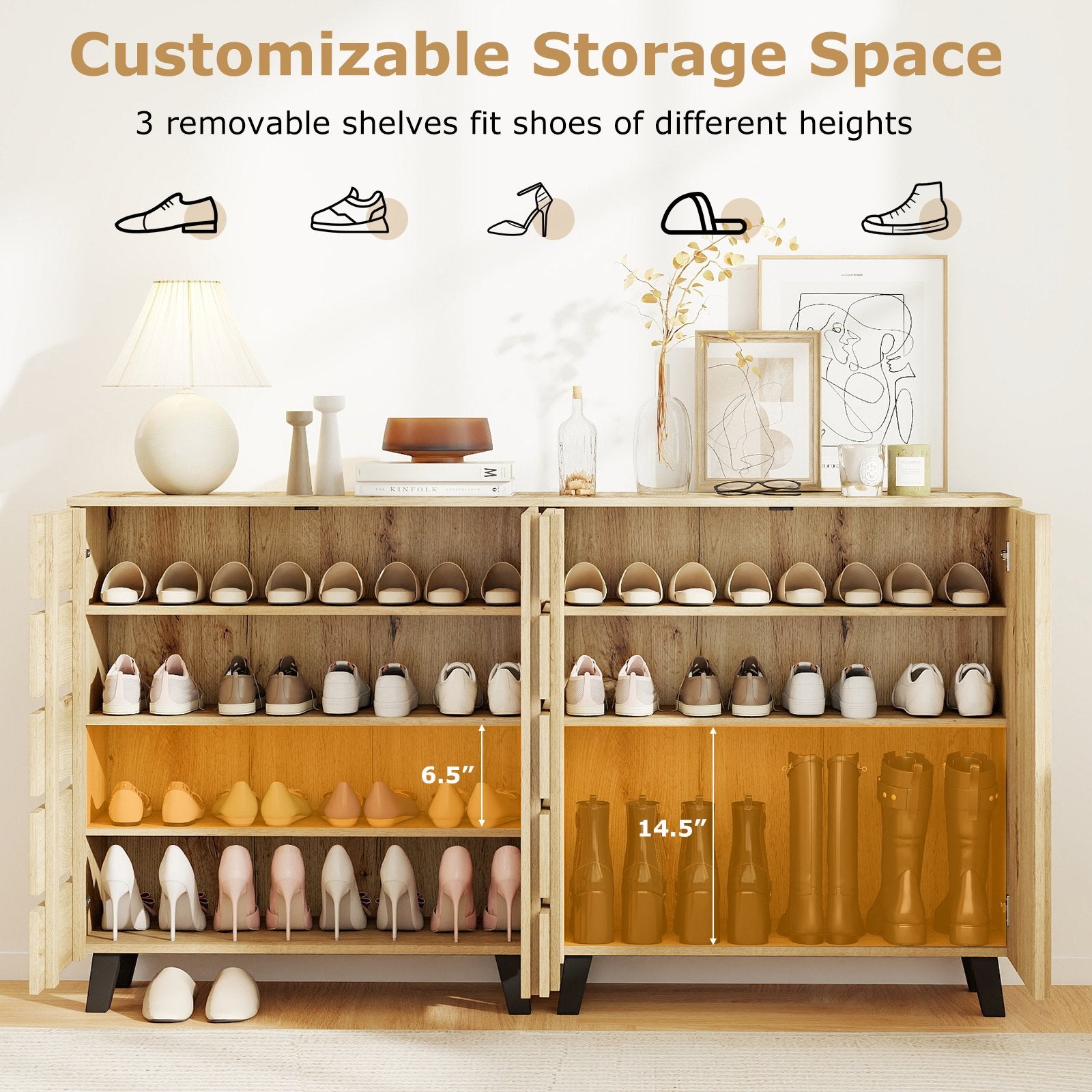 4-Tier Shoe Cabinet 2-Door Storage Organizer with Louvered Door, Natural Shoe Racks & Storage Benches at Gallery Canada