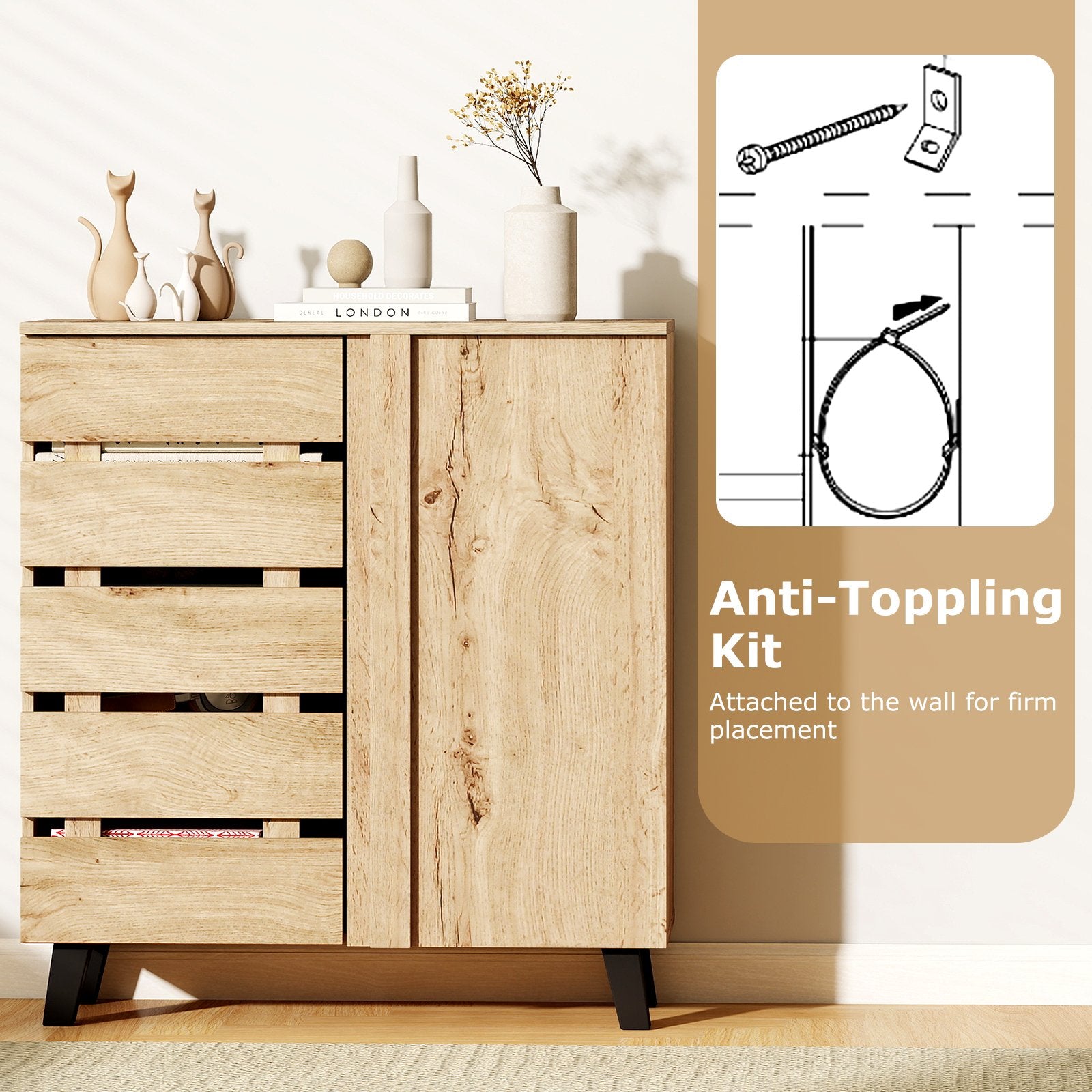 4-Tier Shoe Cabinet 2-Door Storage Organizer with Louvered Door, Natural Shoe Racks & Storage Benches at Gallery Canada