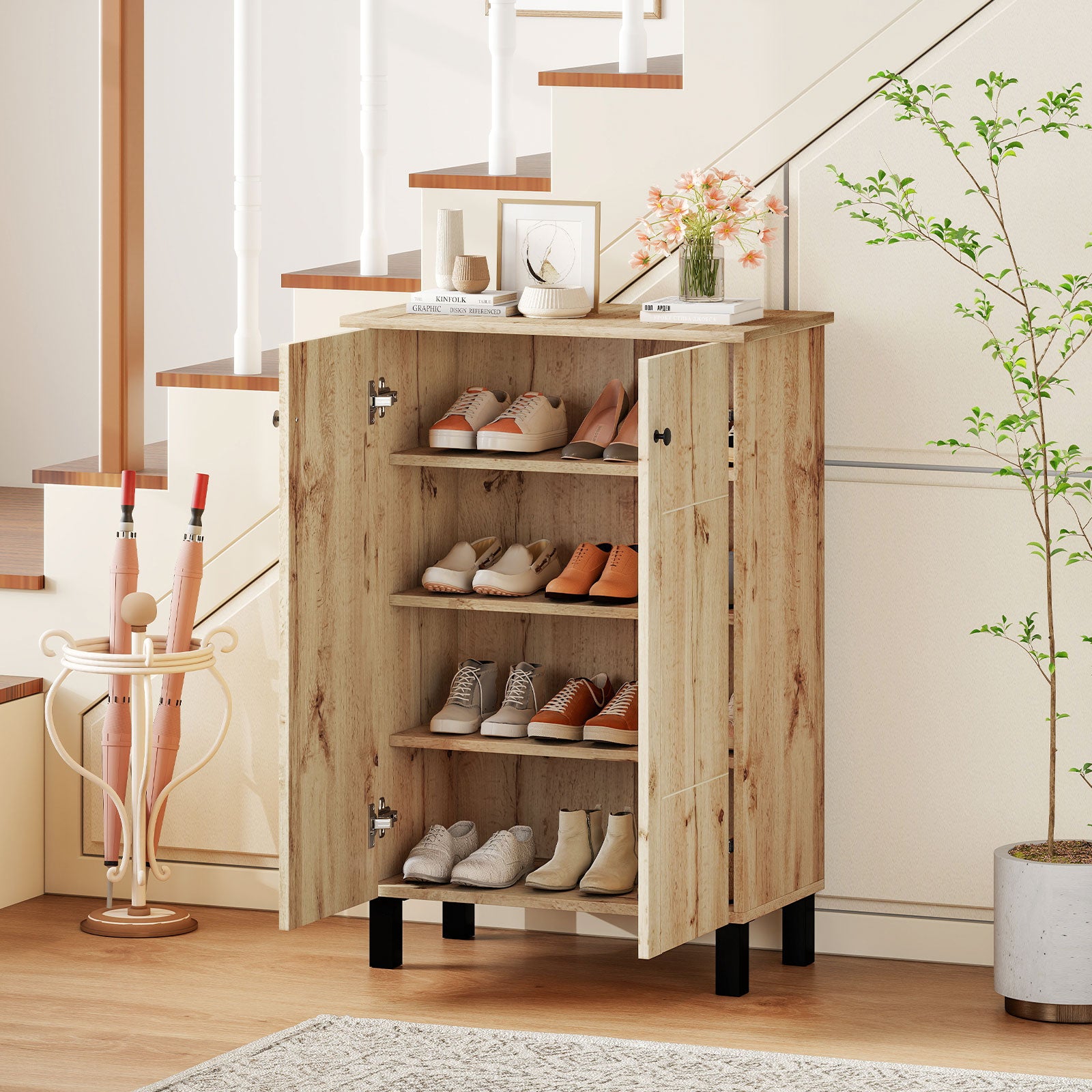 4-Tier Shoe Organizer with Removable Shelves and 2 Doors, Natural Cabinets & Chests at Gallery Canada