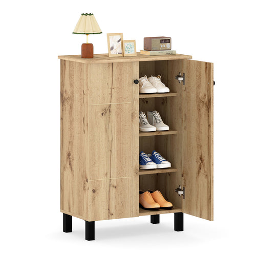 4-Tier Shoe Organizer with Removable Shelves and 2 Doors, Natural