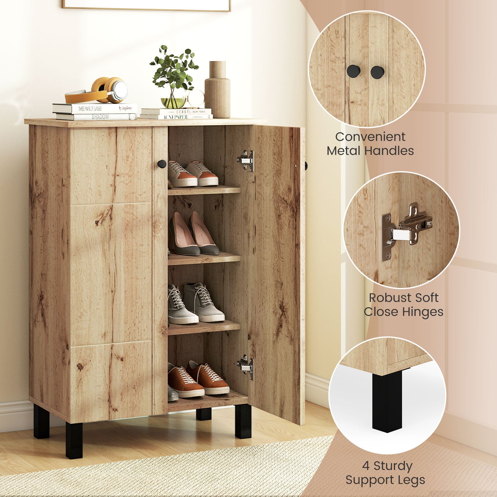 4-Tier Shoe Organizer with Removable Shelves and 2 Doors, Natural Cabinets & Chests at Gallery Canada
