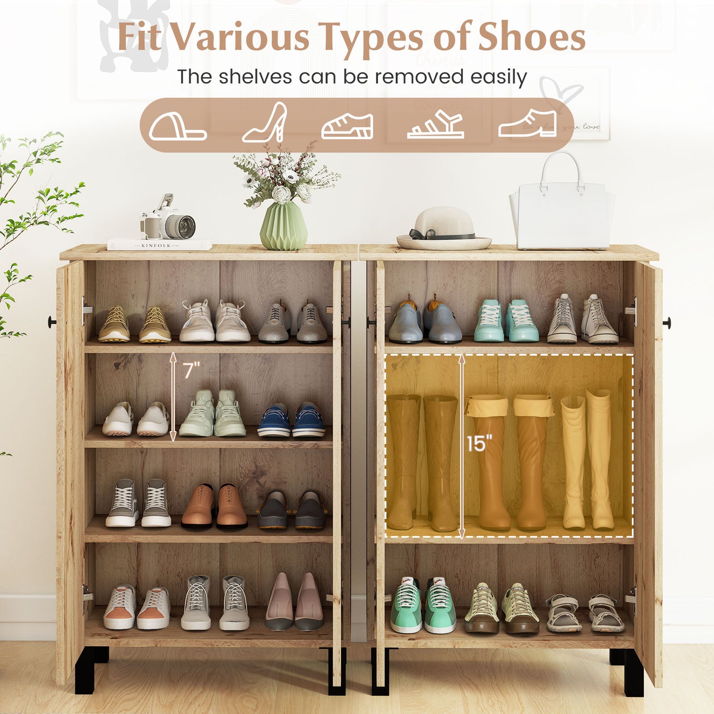 4-Tier Shoe Organizer with Removable Shelves and 2 Doors, Natural Cabinets & Chests at Gallery Canada