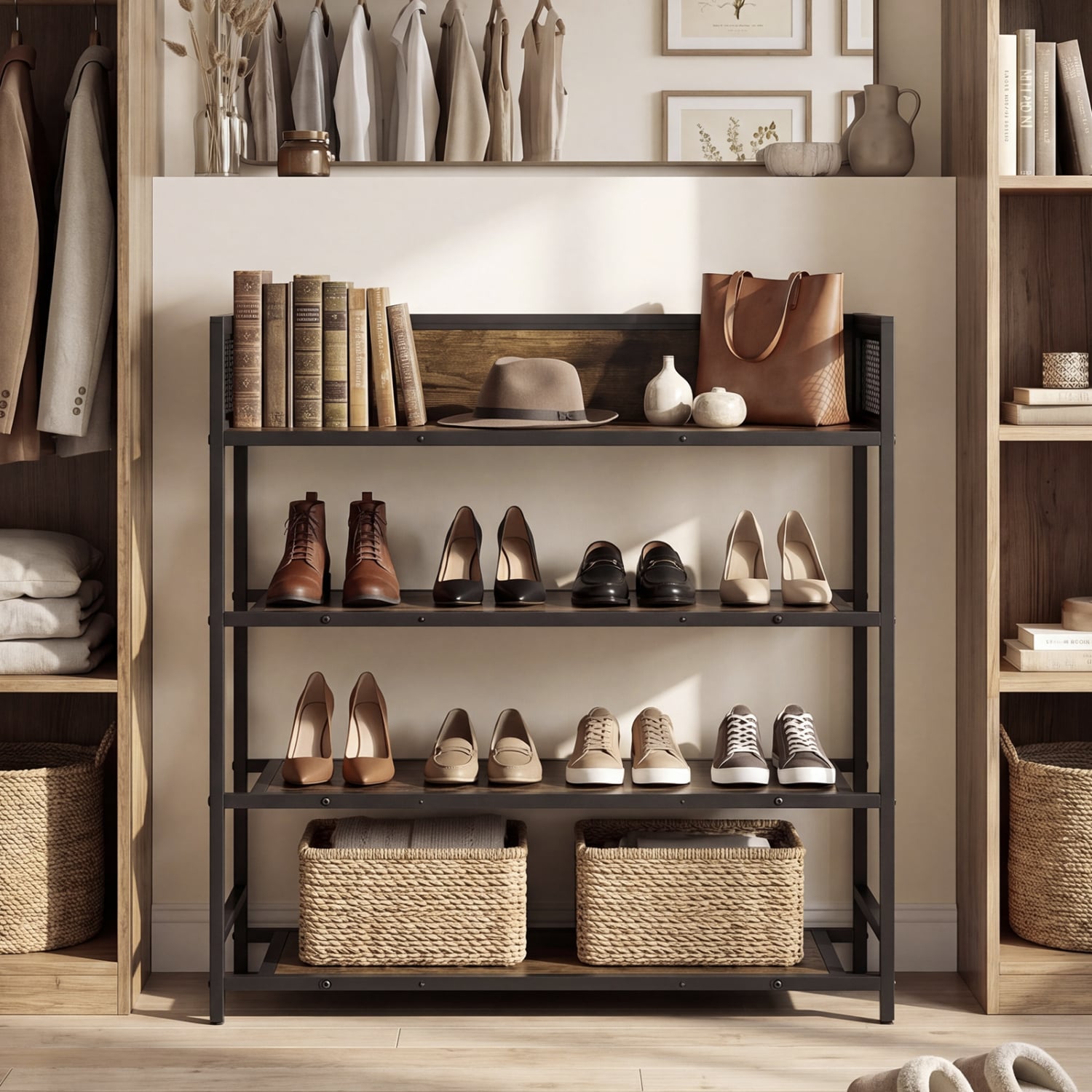 4-Tier Shoe Rack, Industrial Metal Frame, Rustic Brown Shoe Racks & Storage Benches at Gallery Canada