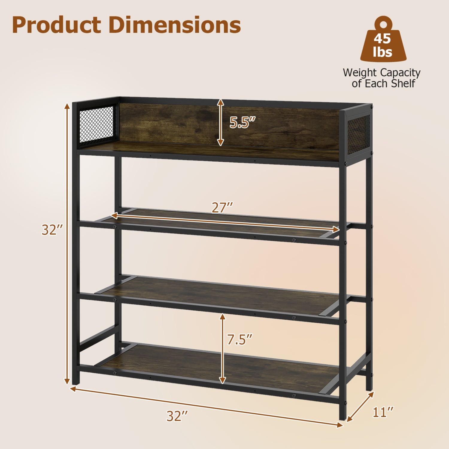 4-Tier Shoe Rack, Industrial Metal Frame, Rustic Brown Shoe Racks & Storage Benches at Gallery Canada