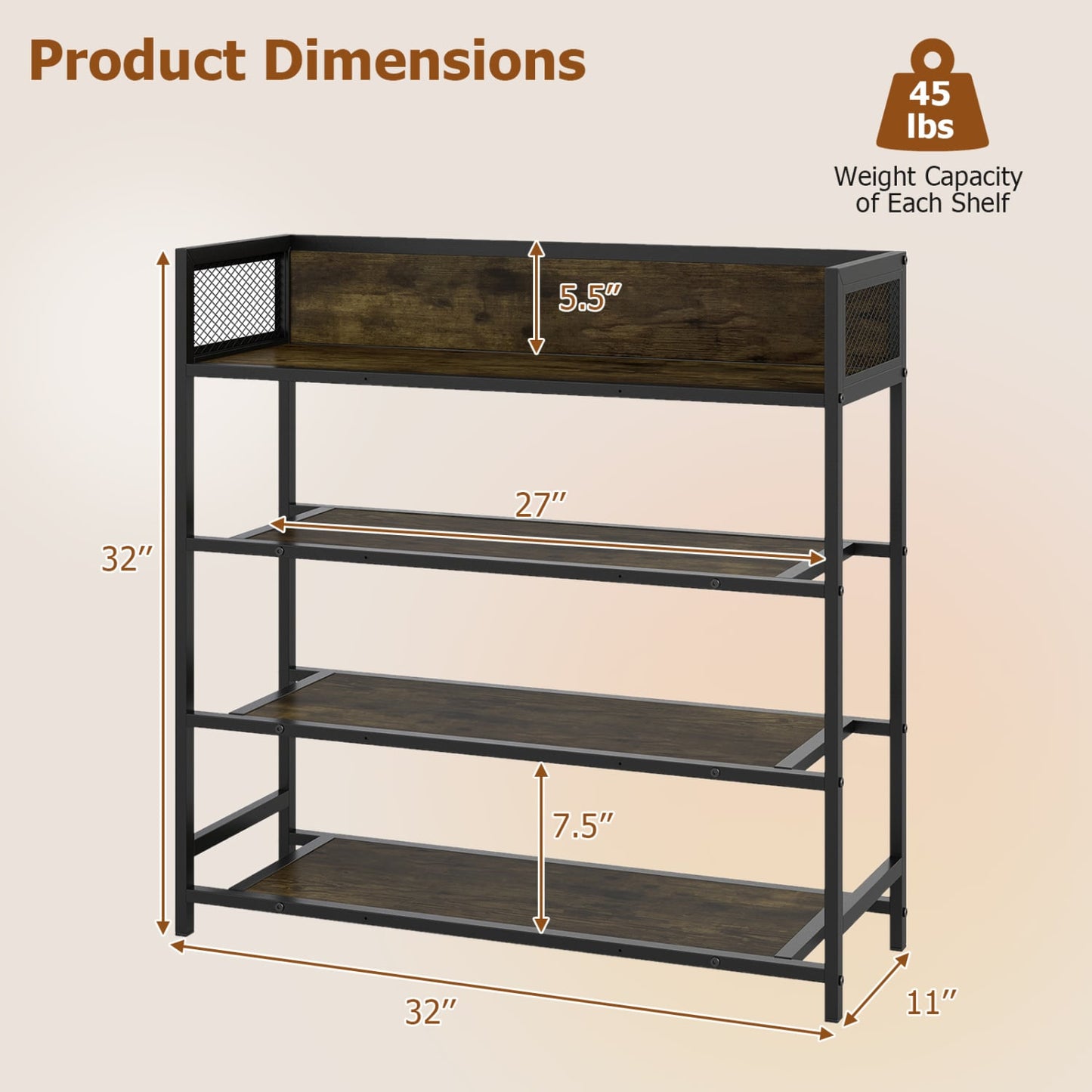 4-Tier Shoe Rack, Industrial Metal Frame, Rustic Brown Shoe Racks & Storage Benches at Gallery Canada